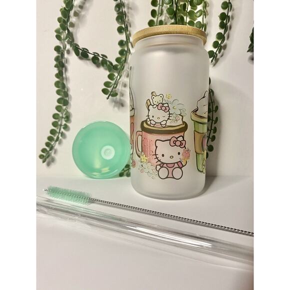 Kawaii Sublimated On Frosted Glass Cup 16oz Glass Tumbler/Beer Can & Free Lid - Picture 2 of 5
